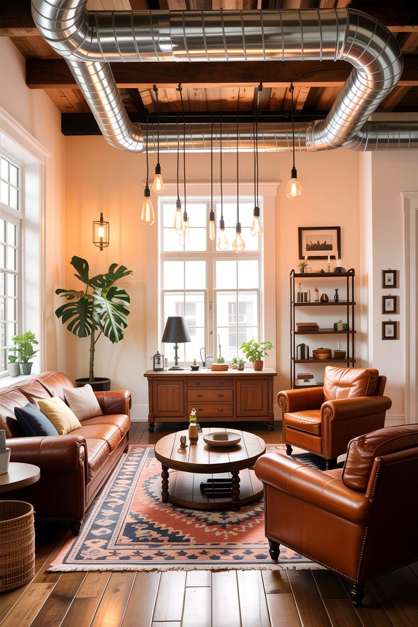 Exposed ductwork and Edison bulbs - 30 exposed ductwork living room ideas