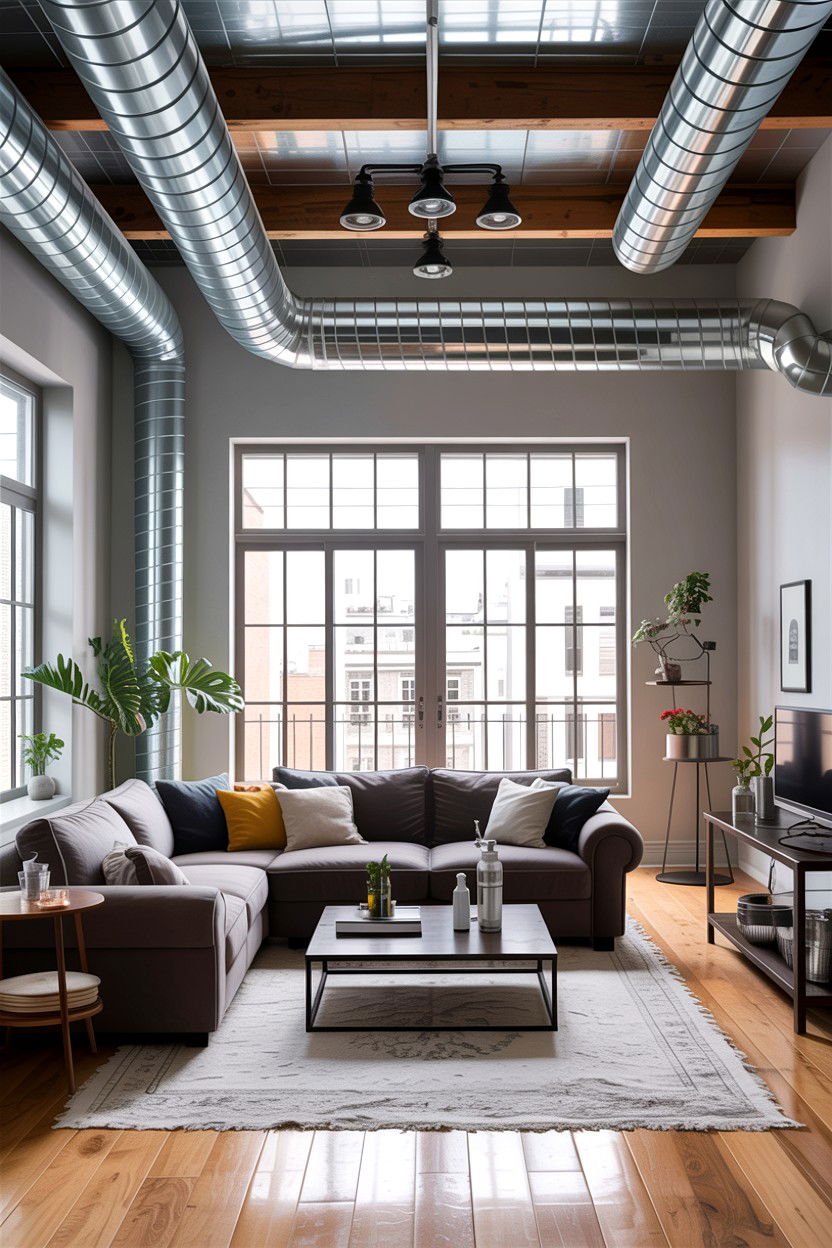 Exposed ductwork living room - 30 industrial living room ideas
