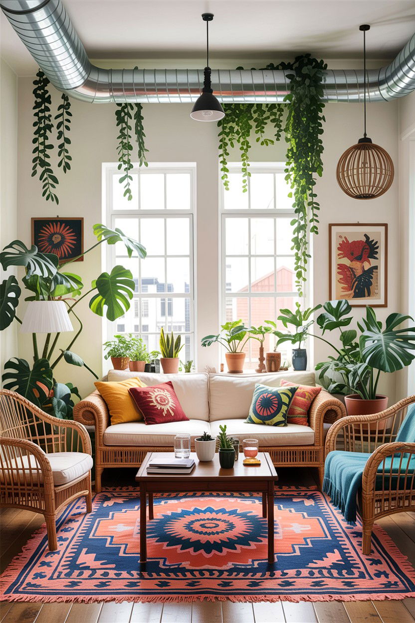 Exposed ductwork with hanging plants - 30 exposed ductwork living room ideas