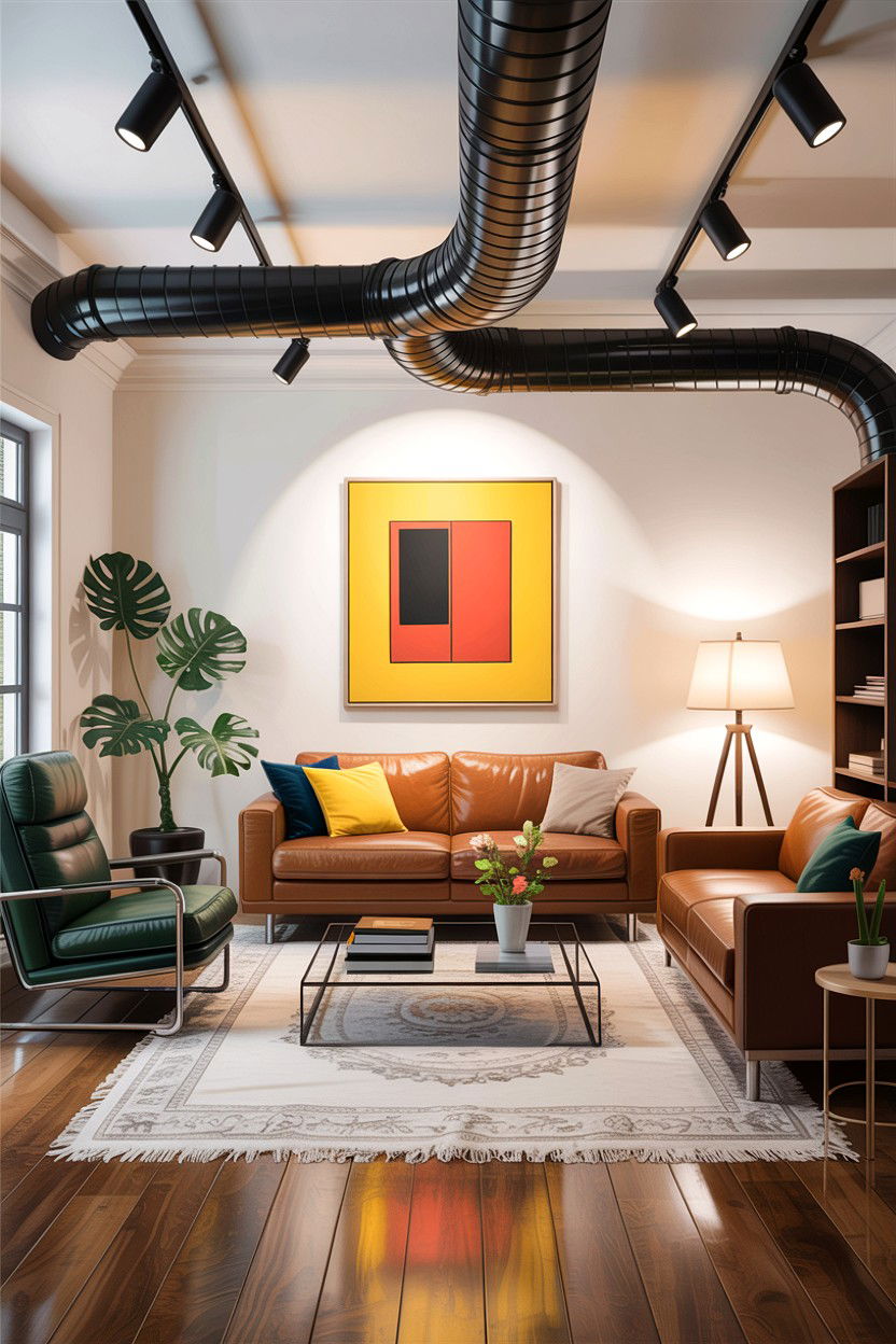 Exposed ductwork with track lighting - 30 exposed ductwork living room ideas