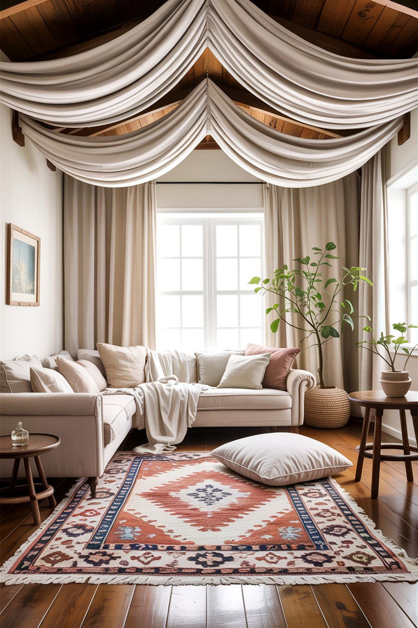 Fabric draped ceiling living room - 30 living room fifth wall ideas