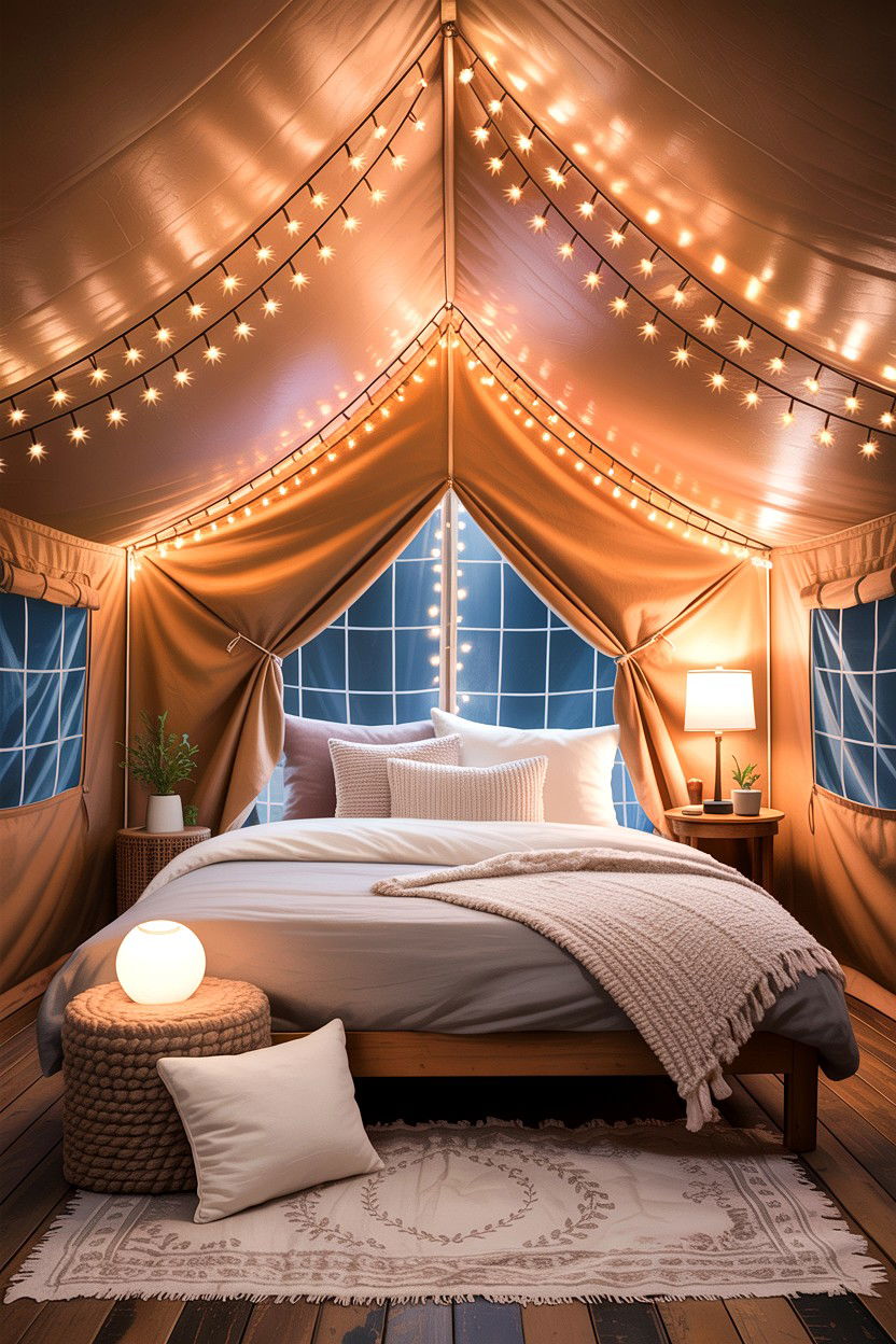 Fairy Light Tent Interior - 30 camping bedroom ideas