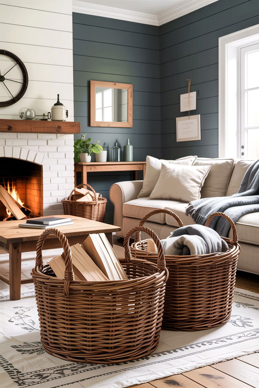 Farmhouse Living Room Willow Basket - 30 handwoven living room ideas