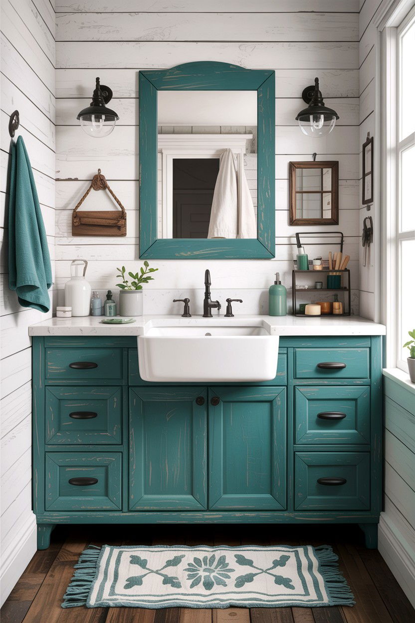 Farmhouse Teal Vanity White Sink - 30 teal and white bathroom ideas