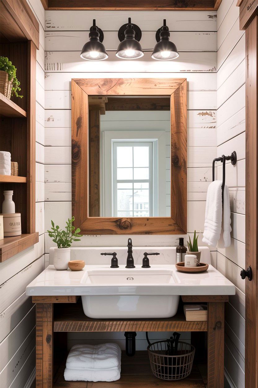Farmhouse Wood Mirror - 30 anti-fog mirror bathroom ideas