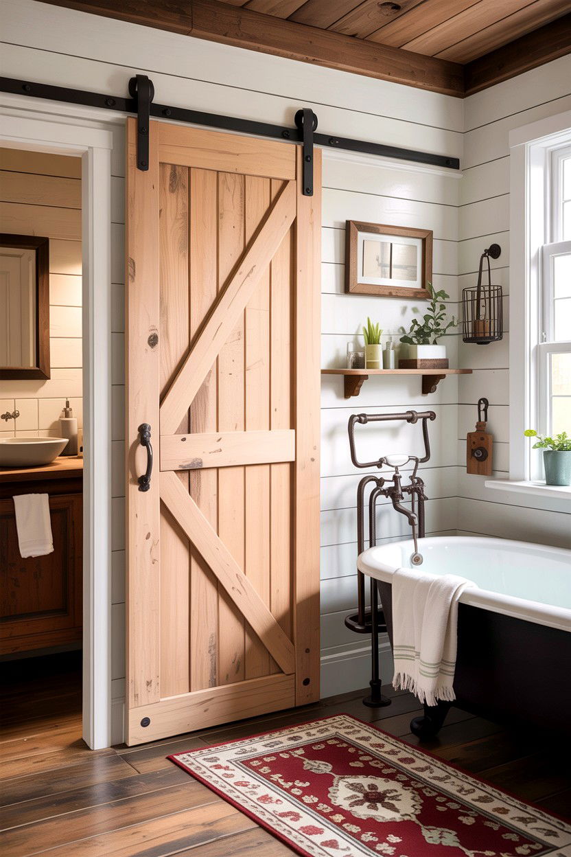 Farmhouse barn door - 30 bathroom barn door ideas