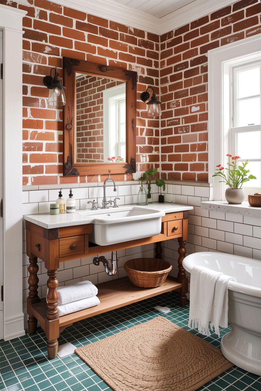 Farmhouse bathroom brick - 30 exposed brick bathroom ideas