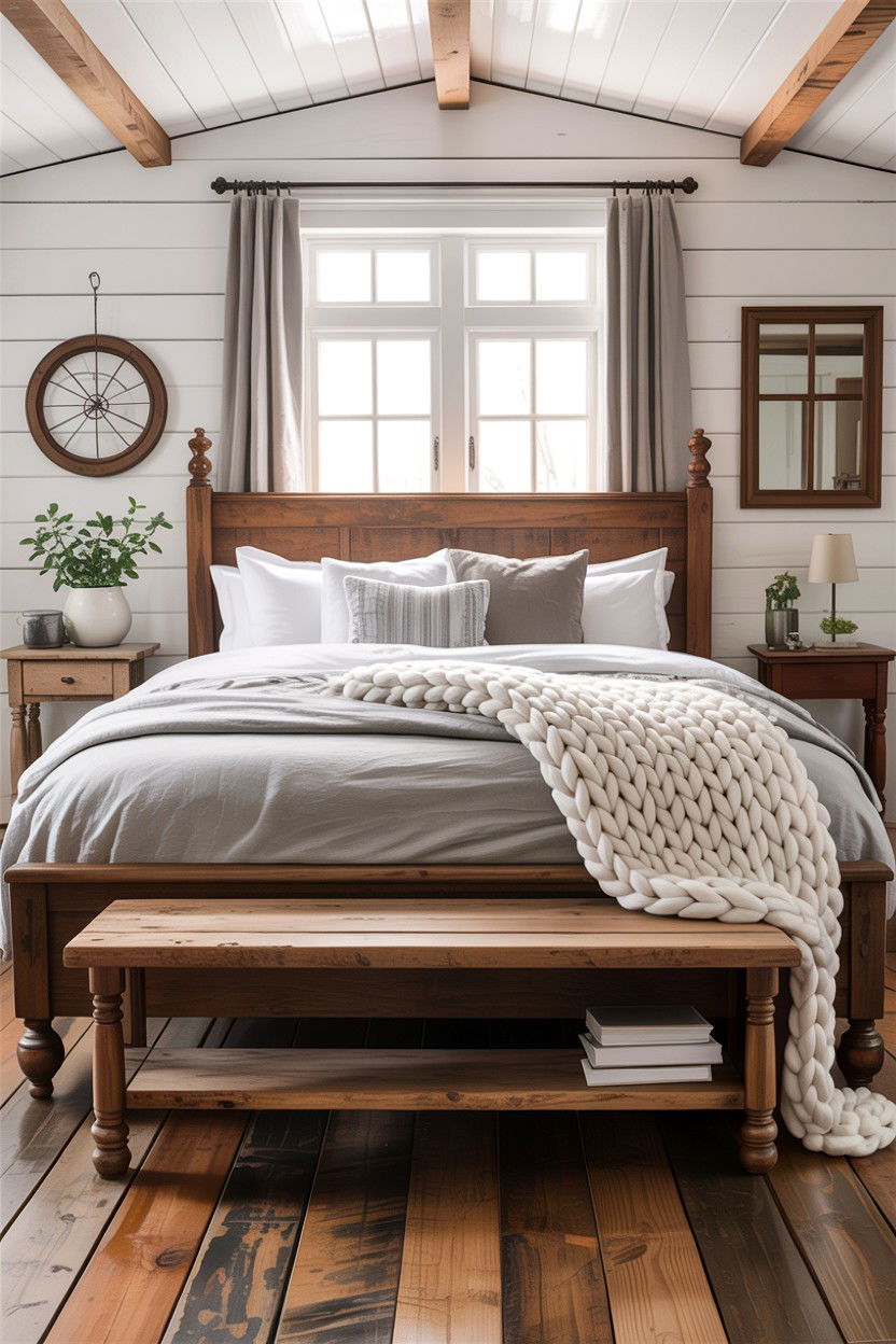 Farmhouse bedroom wooden bench - 30 bedroom with sitting area ideas
