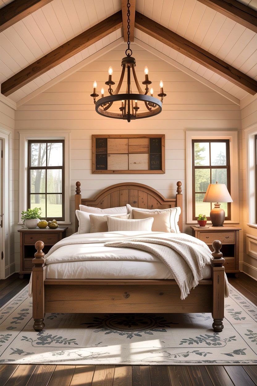 Farmhouse chandelier bedroom - 30 rustic cream bedroom ideas