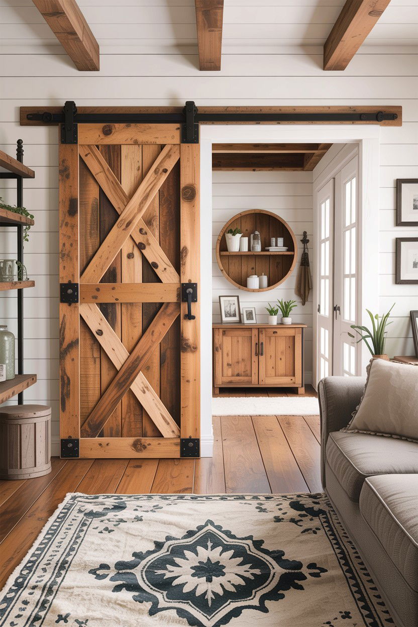 Farmhouse living room with barn door - 30 farmhouse living room ideas