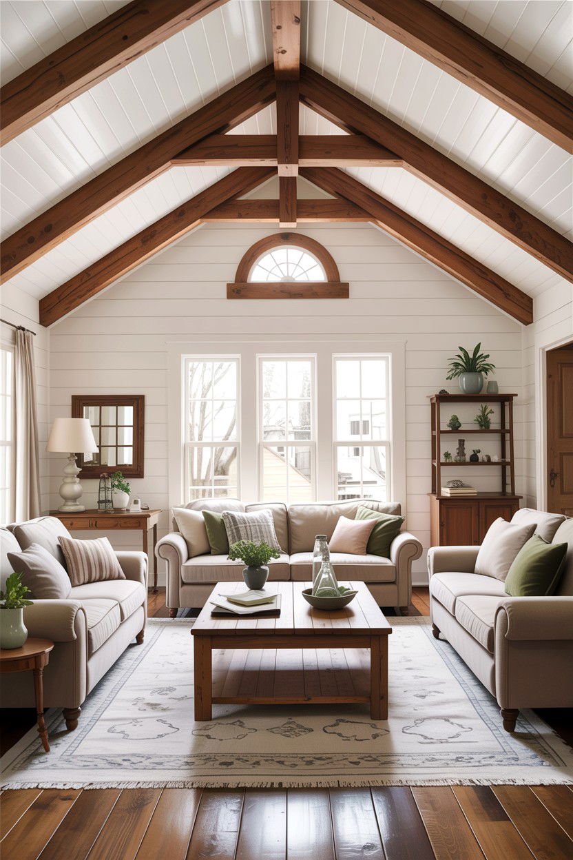Farmhouse living room with exposed beams - 30 farmhouse living room ideas