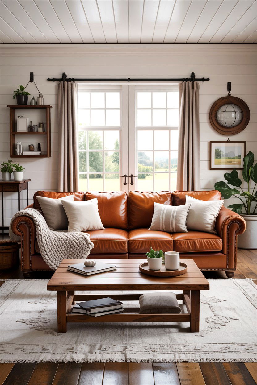 Farmhouse living room with leather sofa - 30 farmhouse living room ideas