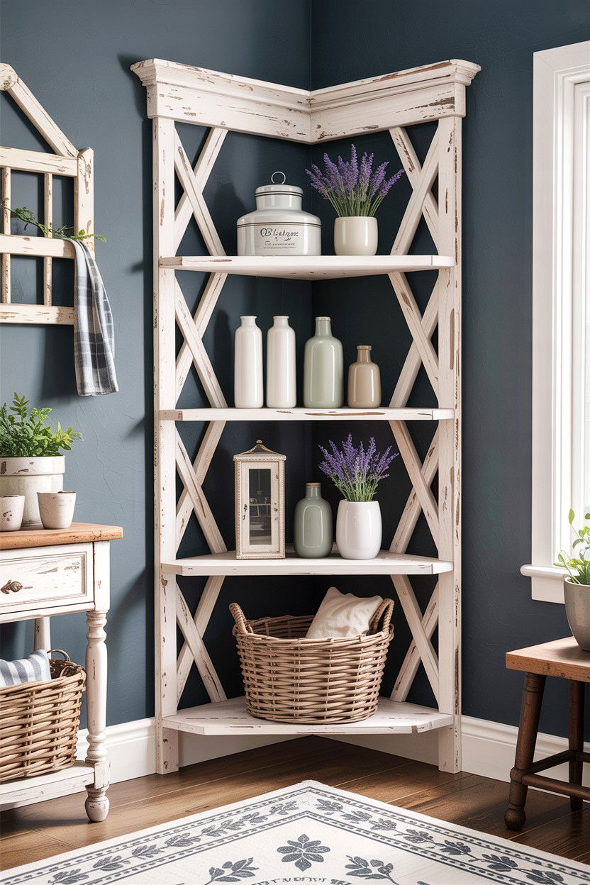 Farmhouse style corner shelf - 30 living room corner shelf ideas