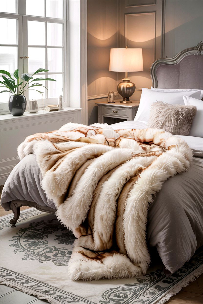 Faux Fur Throw - 30 bedroom layered bedding ideas