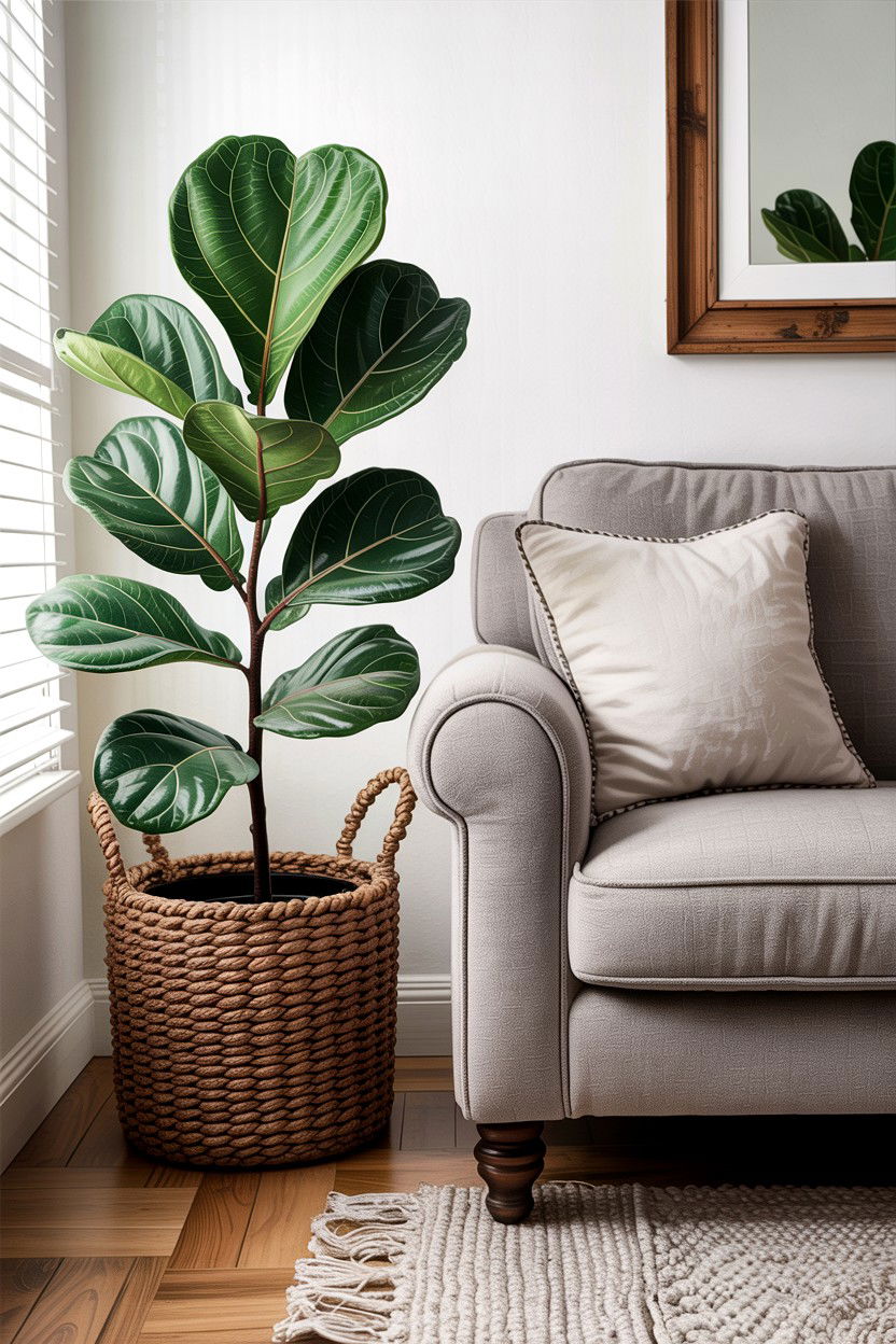 Fiddle Leaf Fig In Woven Basket Next To Sofa - 30 living room fiddle leaf fig ideas