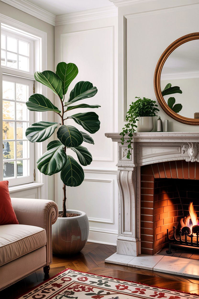 Fiddle Leaf Fig Near Fireplace - 30 living room fiddle leaf fig ideas