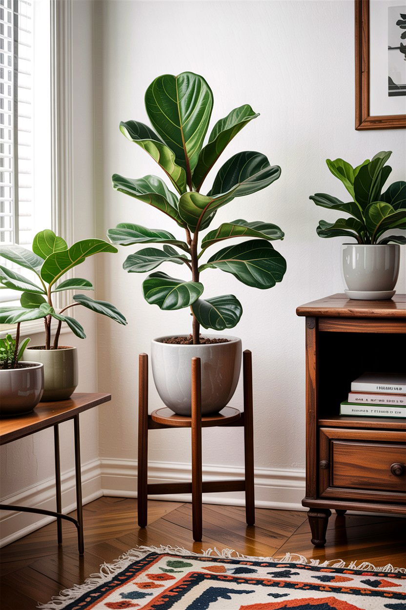 Fiddle Leaf Fig On Wooden Plant Stand - 30 living room fiddle leaf fig ideas