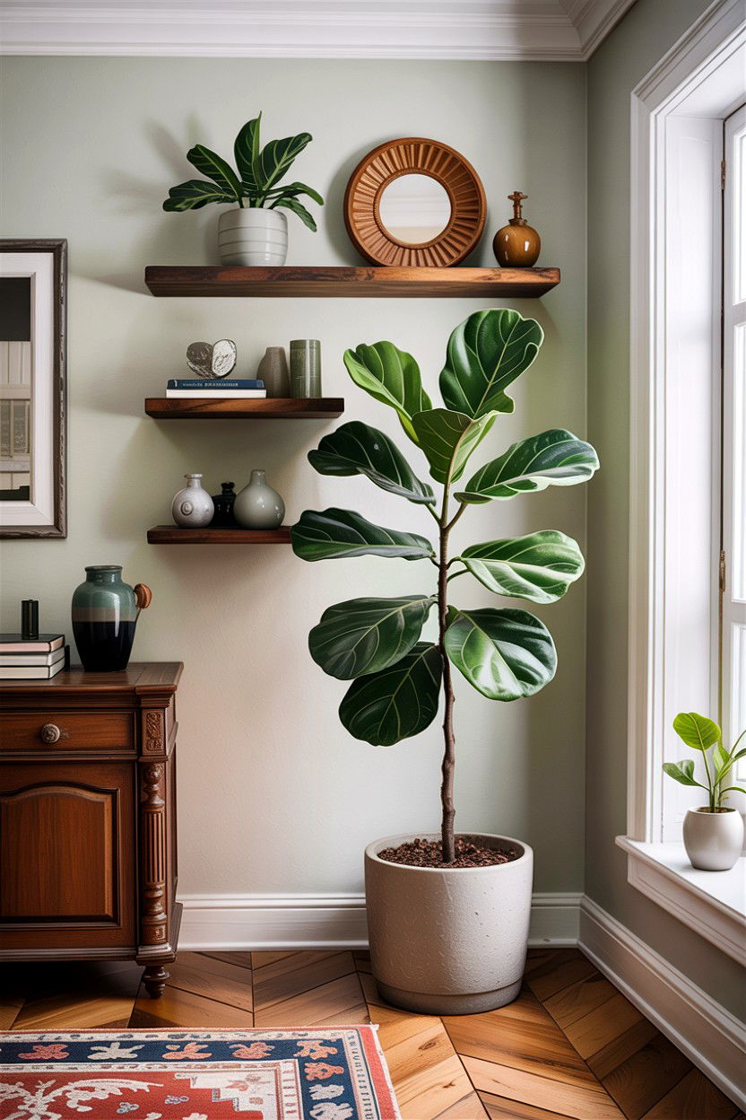 Fiddle Leaf Fig With Floating Shelves - 30 living room fiddle leaf fig ideas