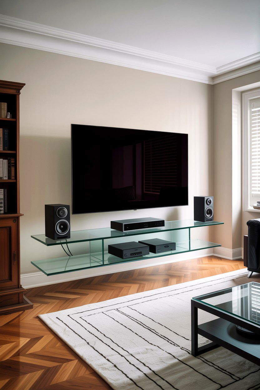 Floating Glass TV Stand - 30 living room glass furniture ideas