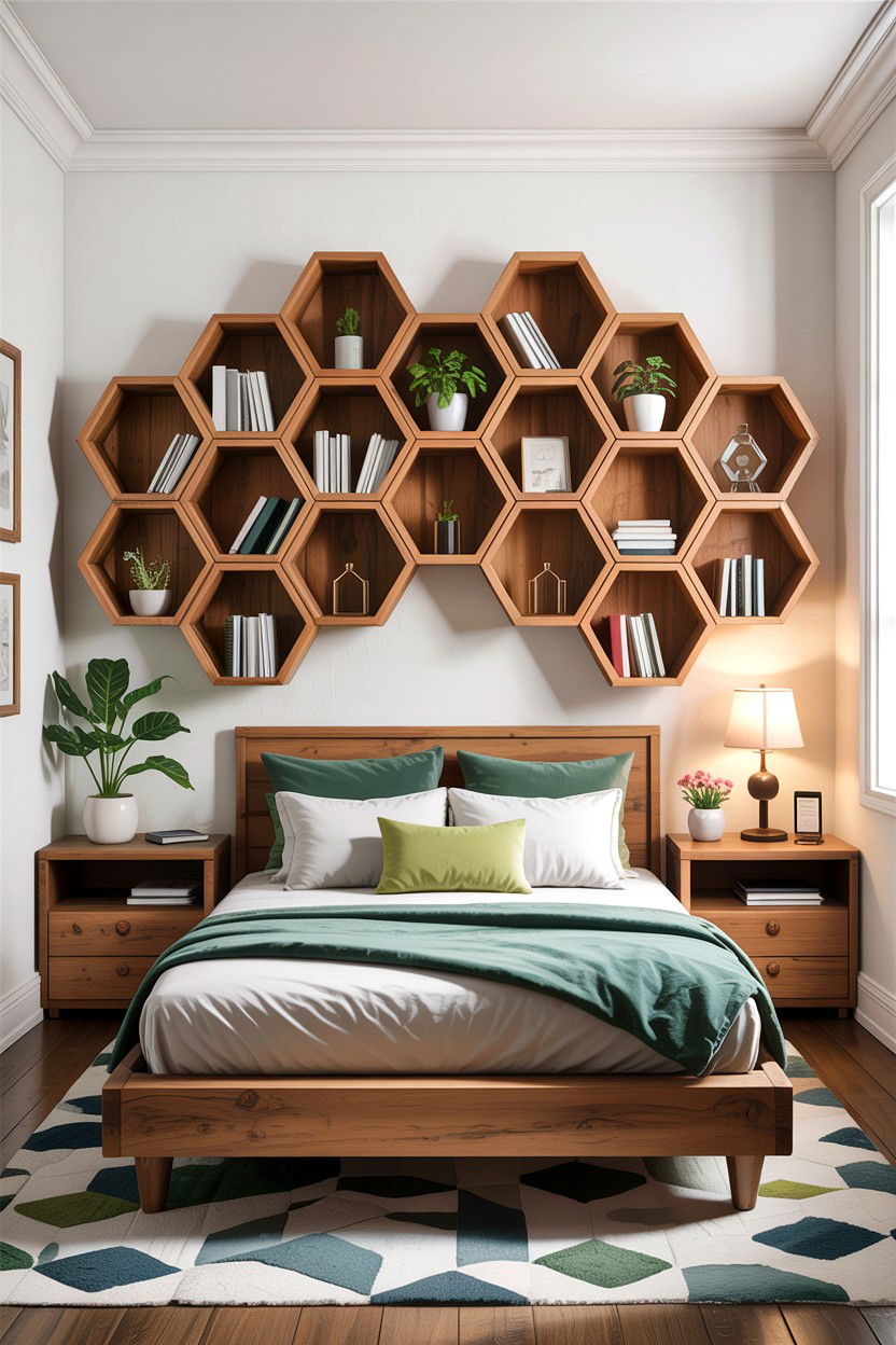 Floating Shelf Geometric Wall - 30 bedroom geometric wall designs
