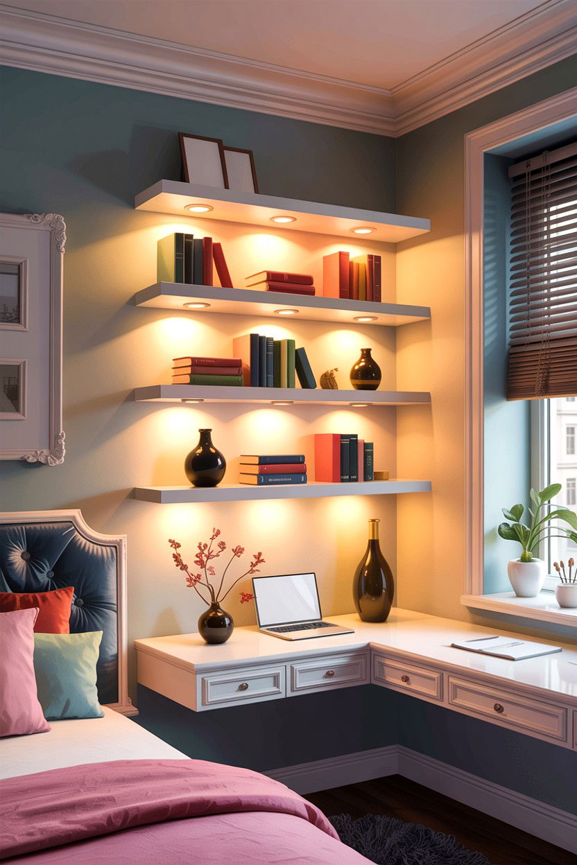 Floating Shelf Light - 30 bedroom dimmer lights ideas