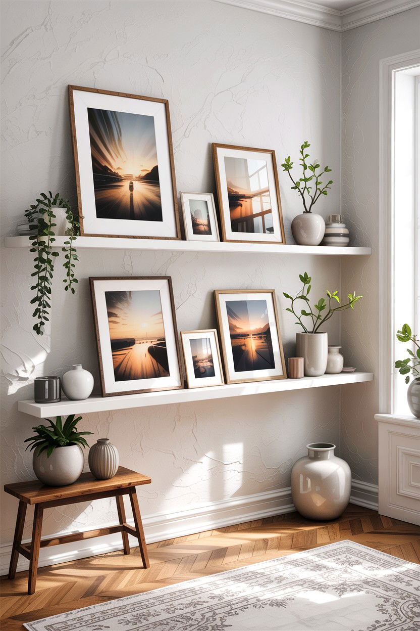 Floating Shelf Picture Display - 30 bedroom memory wall ideas