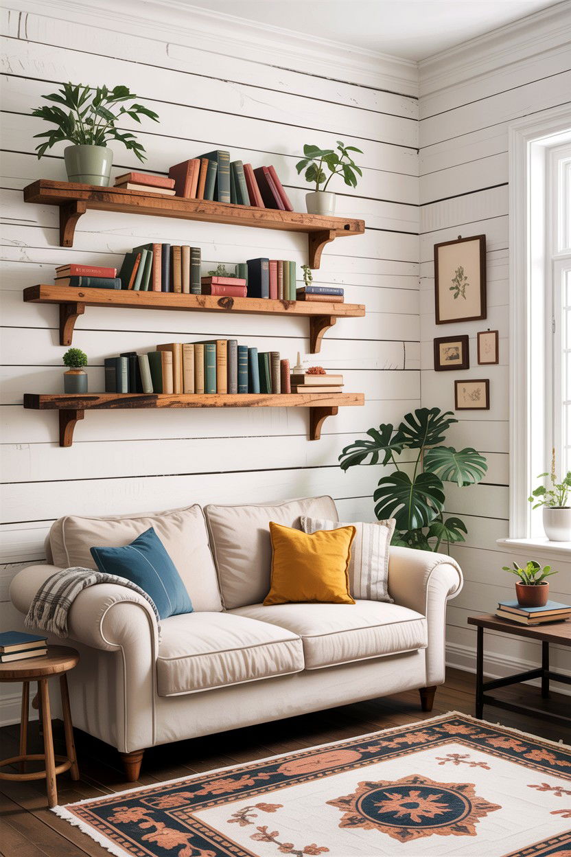 Floating Shelves - 30 rustic white living room ideas
