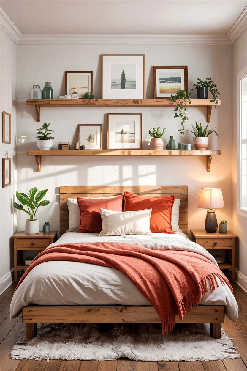 Floating Shelves Above Bed - 30 bedroom space saving ideas