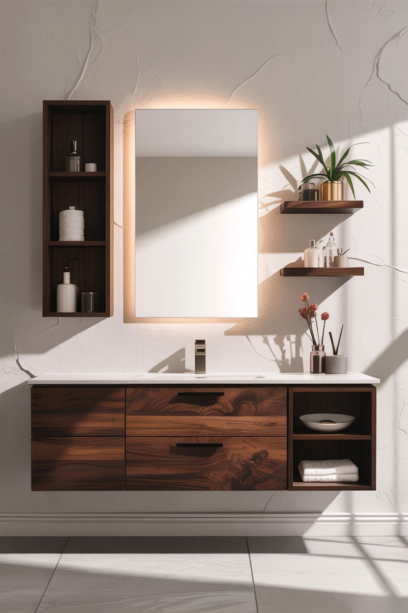 Floating Vanity Side Shelf - 30 bathroom asymmetry ideas