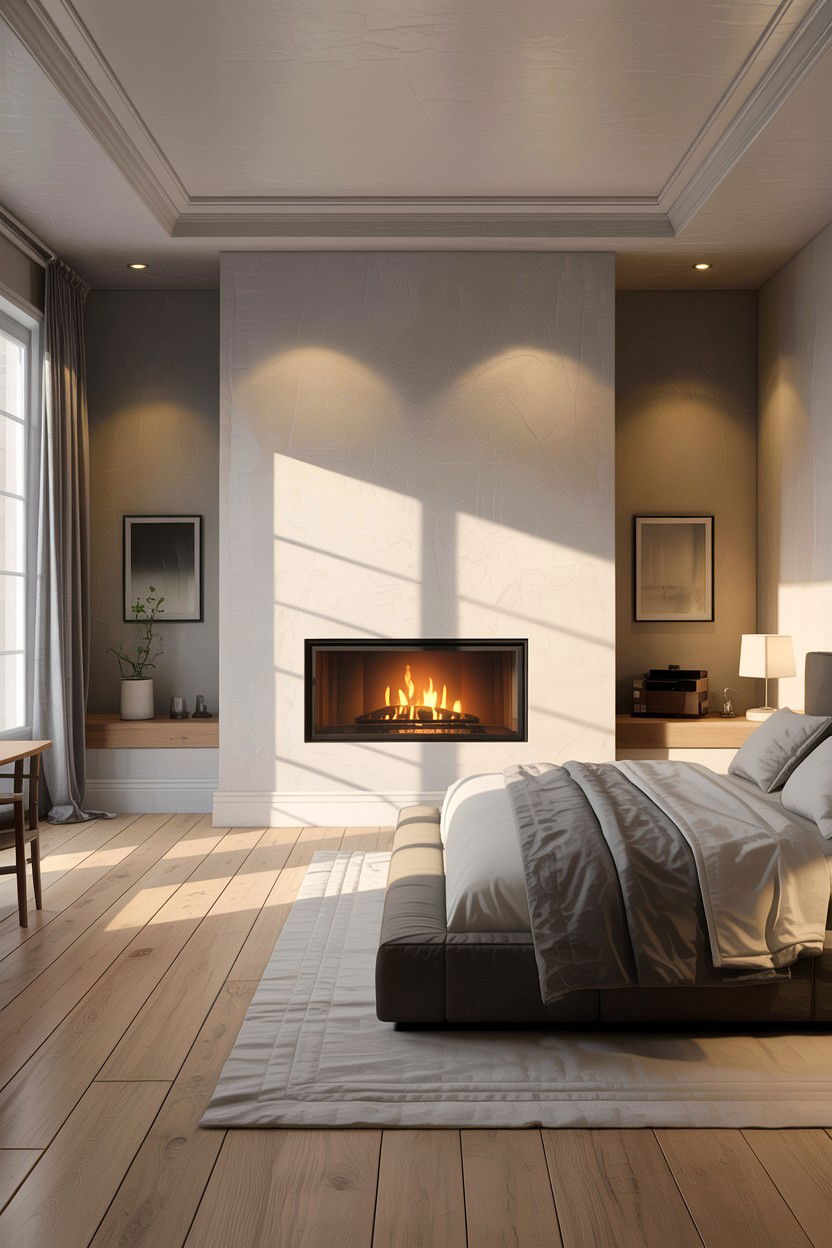 Floating Wall Fireplace - 30 bedroom with fireplace ideas