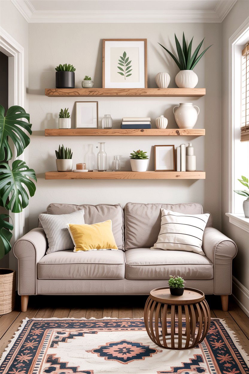 Floating Wall Shelves - 30 small living room space storage ideas