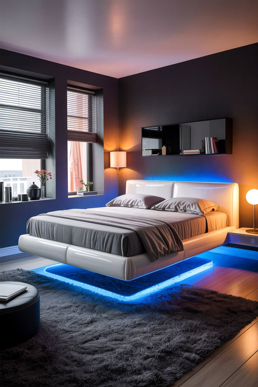 Floating bed with LED - 30 astronaut bedroom ideas