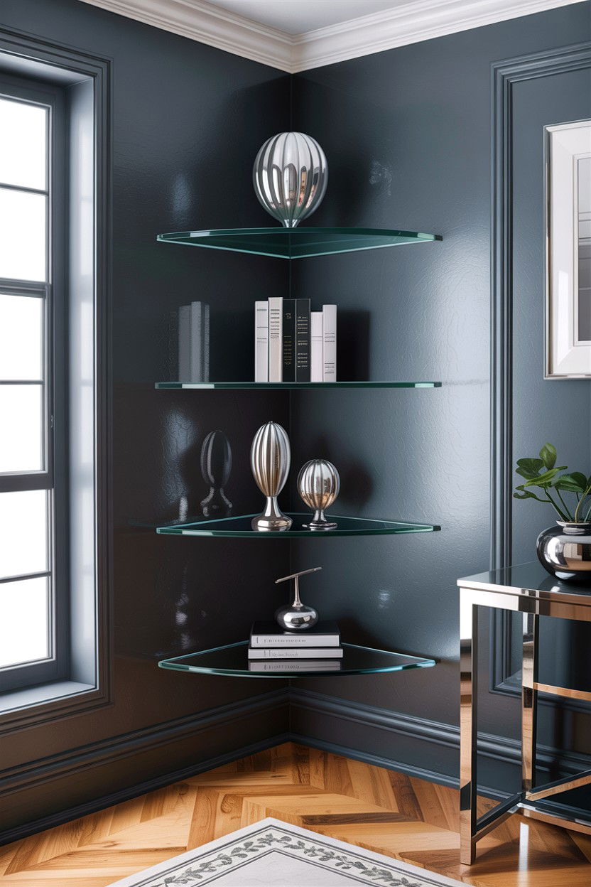 Floating glass corner shelf - 30 living room corner shelf ideas