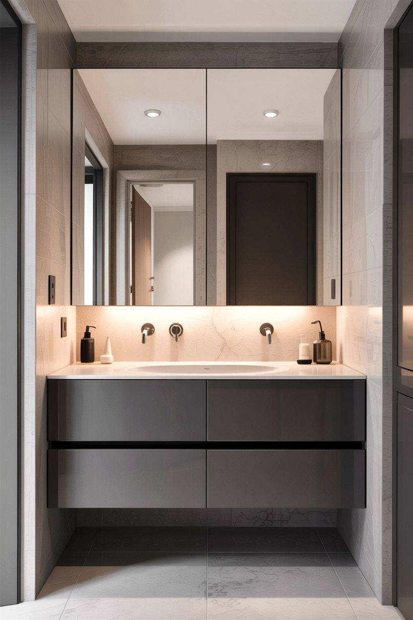 Floating gray vanity - 30 gray and white bathroom ideas