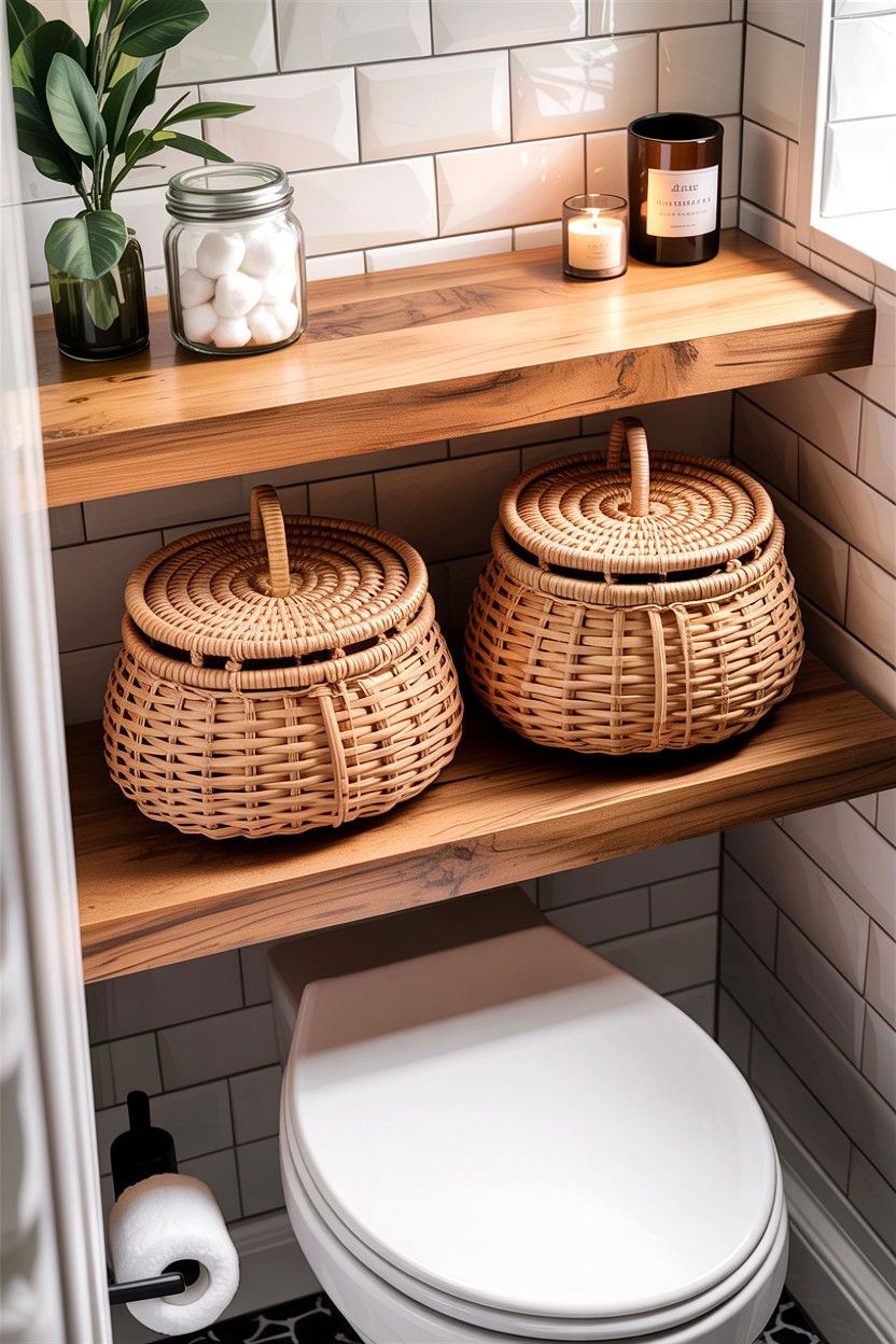 Floating shelf storage baskets - 30 bathroom basket storage ideas