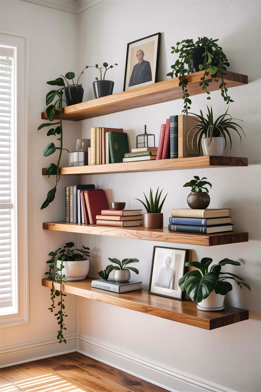 Floating shelf wall - 30 living room accent wall ideas