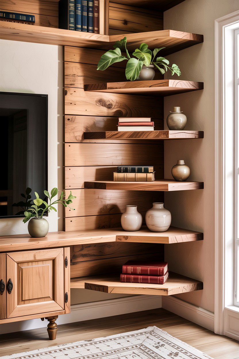 Floating wood corner shelf - 30 living room corner shelf ideas