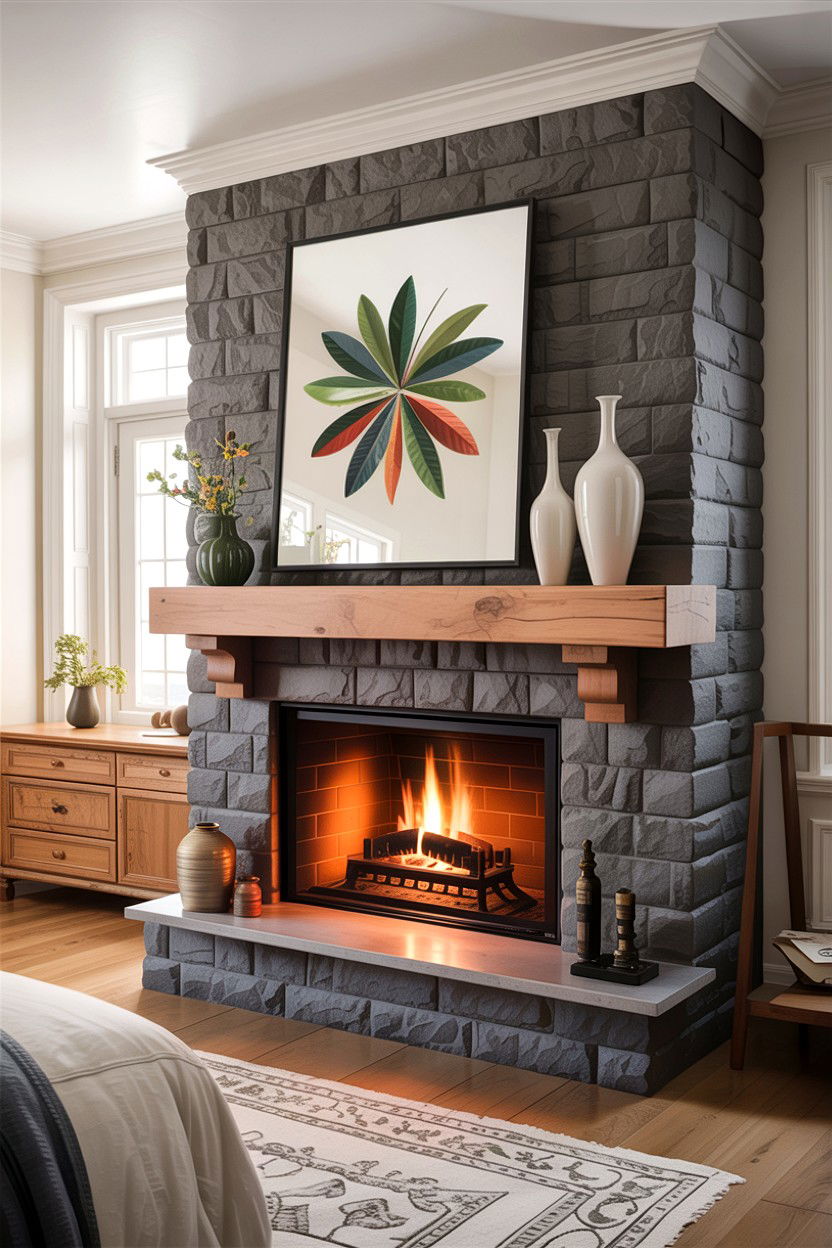 Floating wood mantel fireplace - 30 bedroom wood burning fireplace ideas