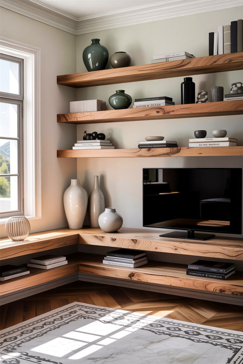 Floating wood shelves - 30 DIY living room ideas