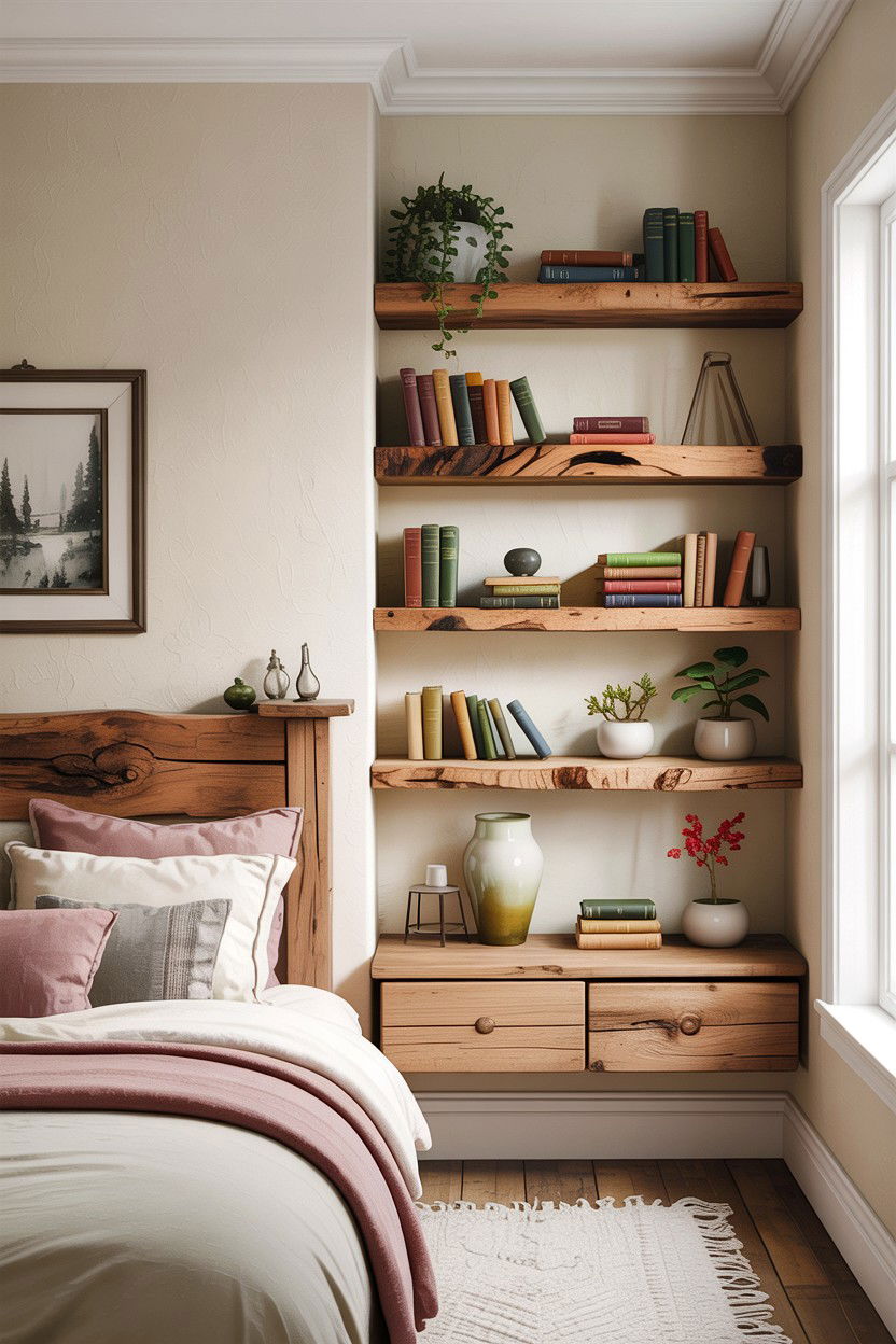 Floating wood shelves bedroom - 30 rustic cream bedroom ideas