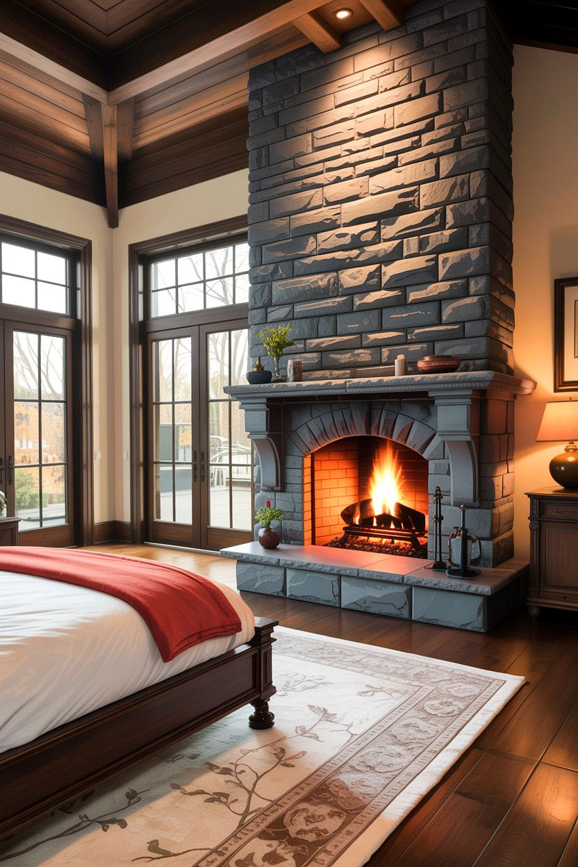 Floor to ceiling stone fireplace - 30 bedroom wood burning fireplace ideas