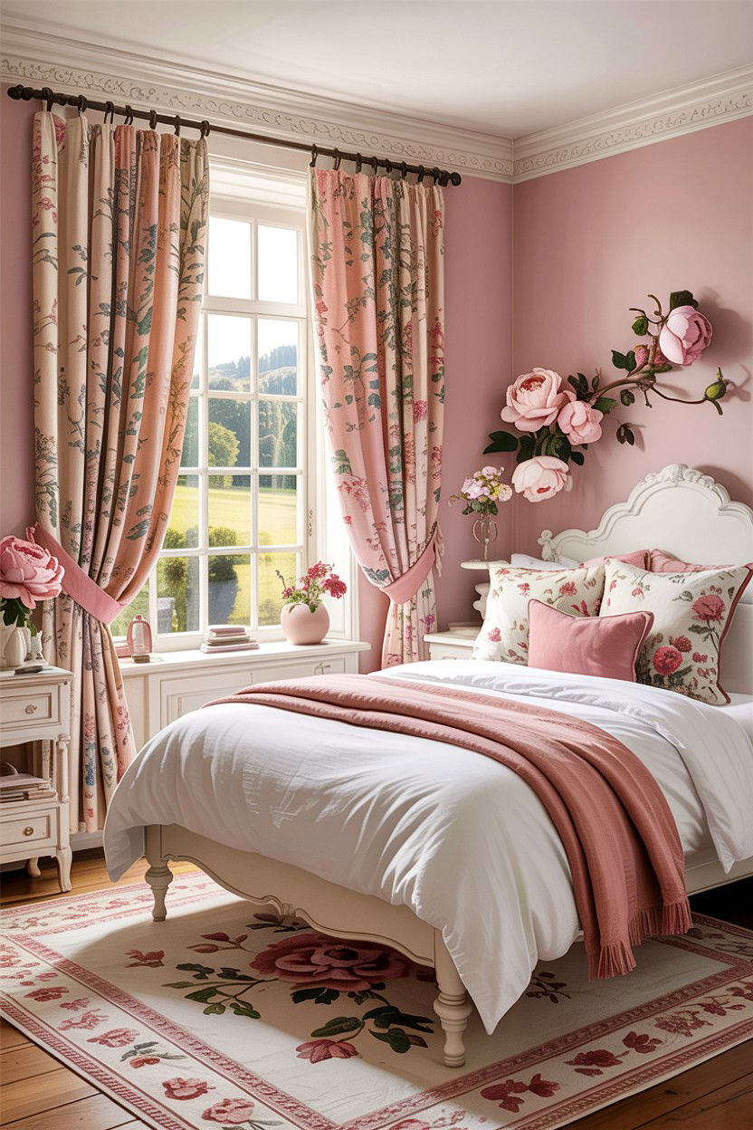 Floral Curtains - 30 cottage bedroom ideas