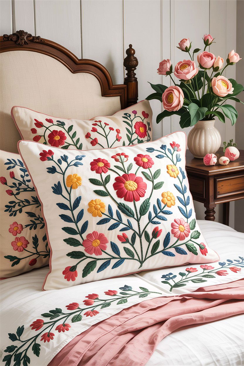 Floral Embroidery Pillow - 30 bedroom throw pillows