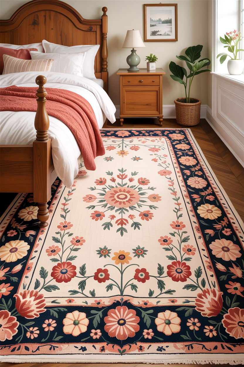 Floral Pattern Area Rug - 30 cottage core bedroom ideas