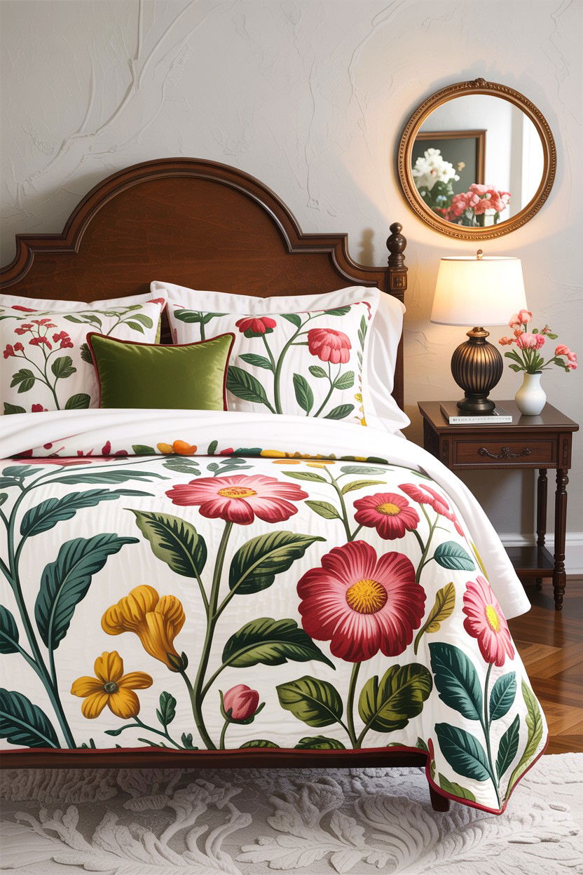 Floral Quilt Set - 30 bedroom layered bedding ideas