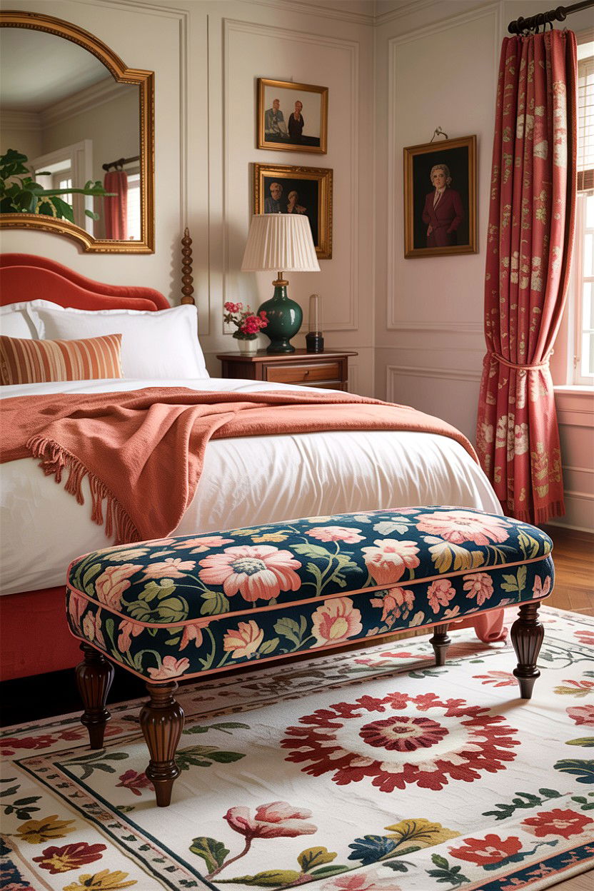 Floral Upholstered Bench - 30 grandmillennial bedroom ideas