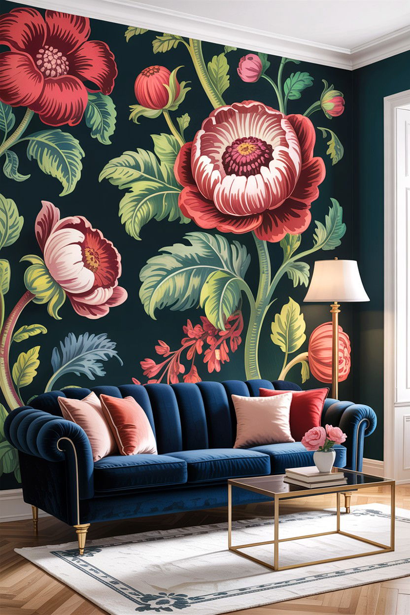 Floral Wallpaper Accent - 30 living room feature wall ideas