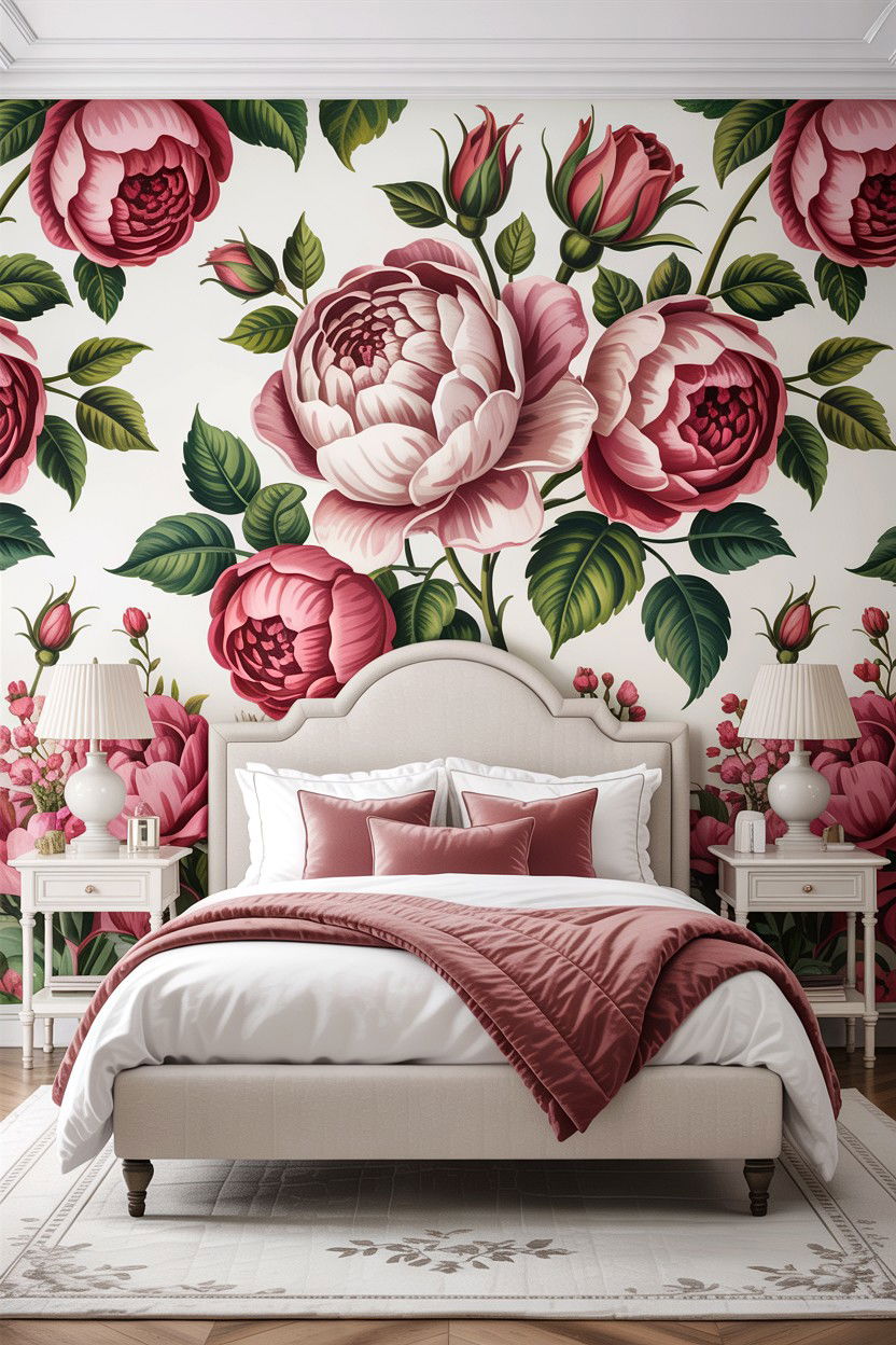 Floral Wallpaper Accent Wall - 30 French shabby chic bedroom ideas