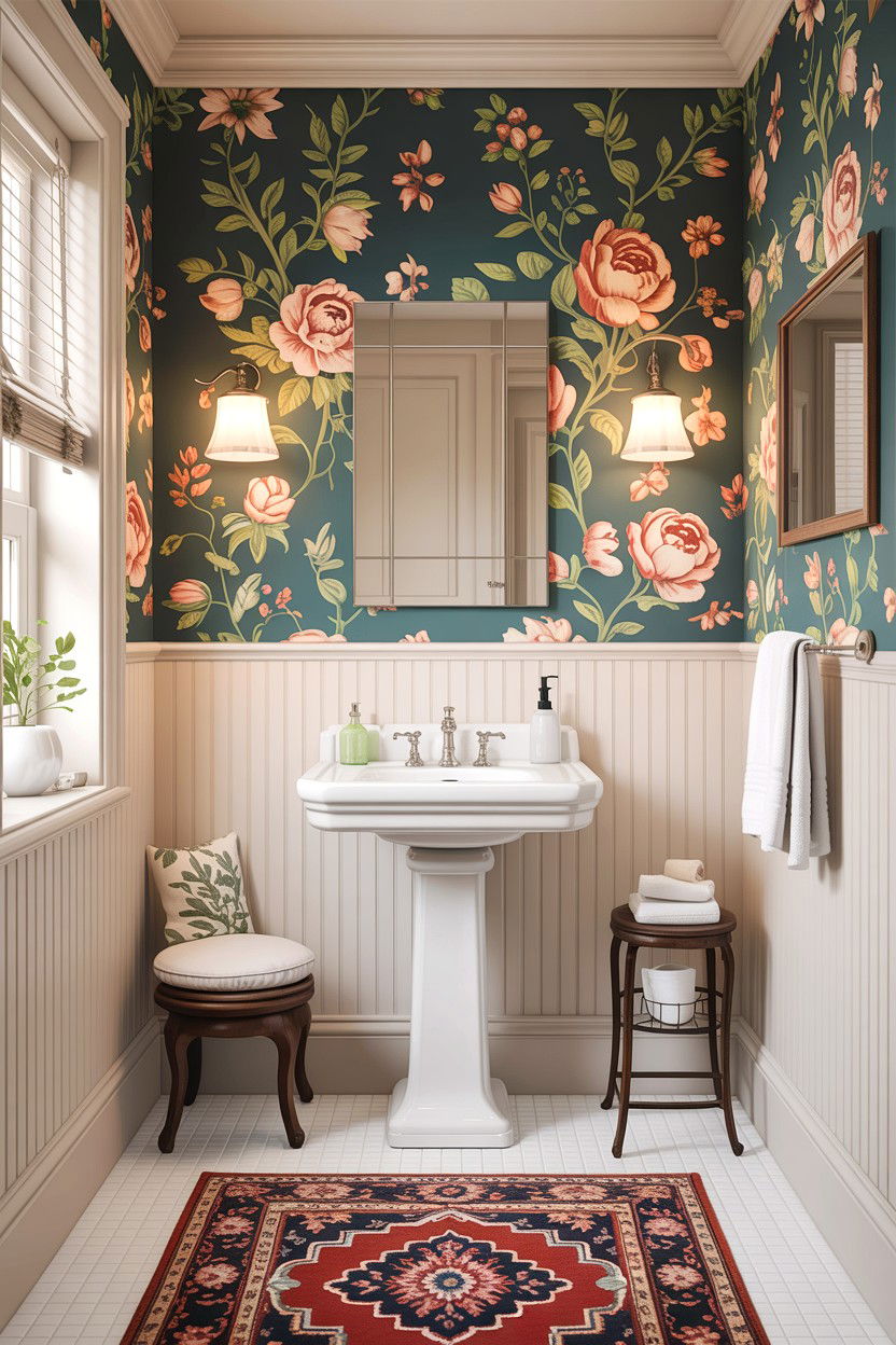 Floral bathroom wallpaper - 30 antique bathroom ideas