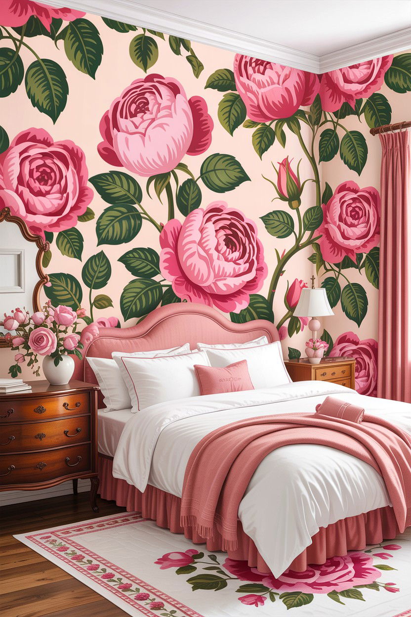 Floral pink wallpaper bedroom - 30 bedroom pink walls